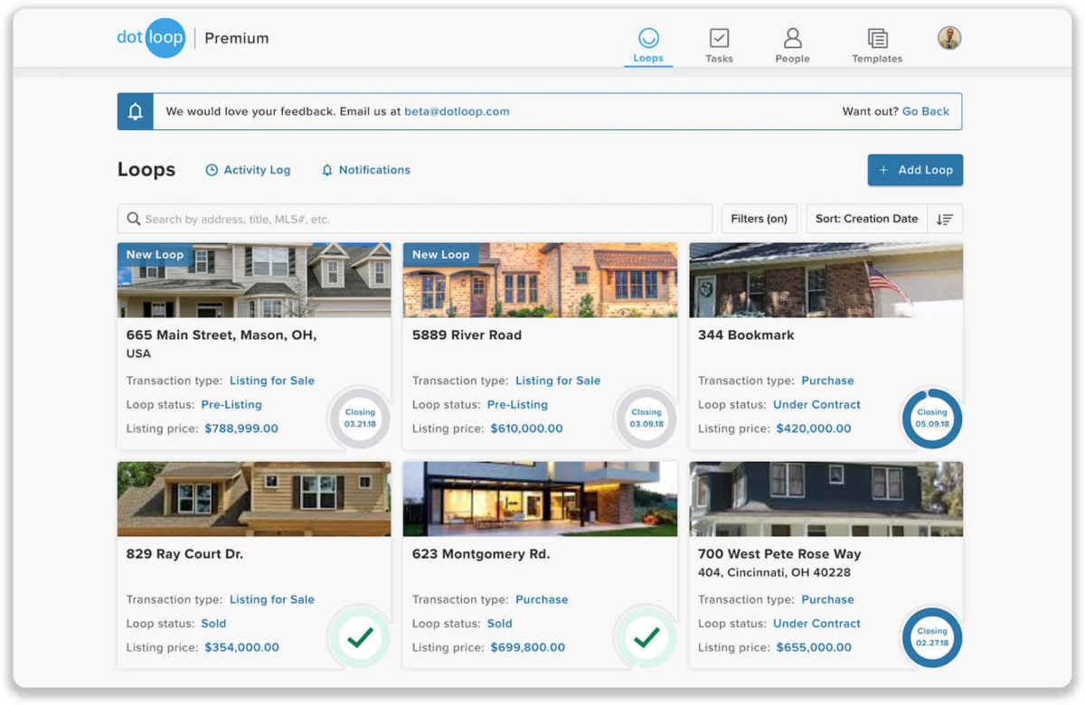 Loops page with six transactions showing and a search bar above.