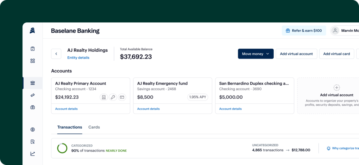 Baselane Banking dashboard